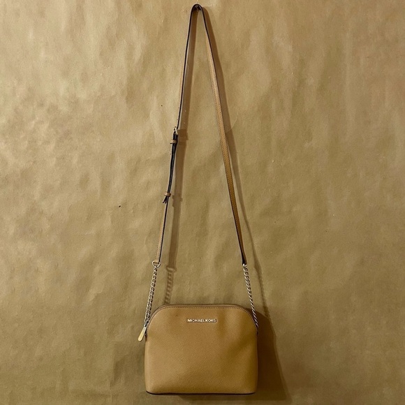 Michael Kors | Cindy Large Dome Saffiano Leather Crossbody Bag Purse in Peanut - Picture 2 of 16